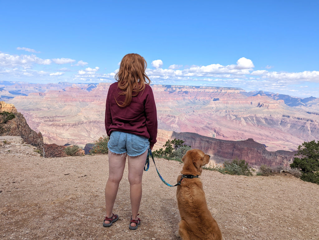 woman and dog looking over the grand canyon